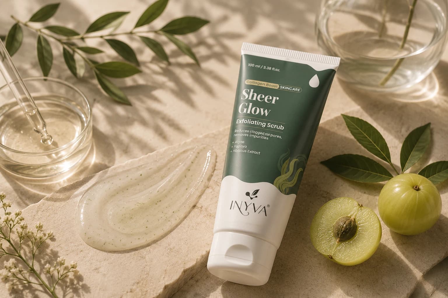INYVA Sheer Glow Exfoliating Scrub laid out with emblic, leaves and a swatch of the scrub